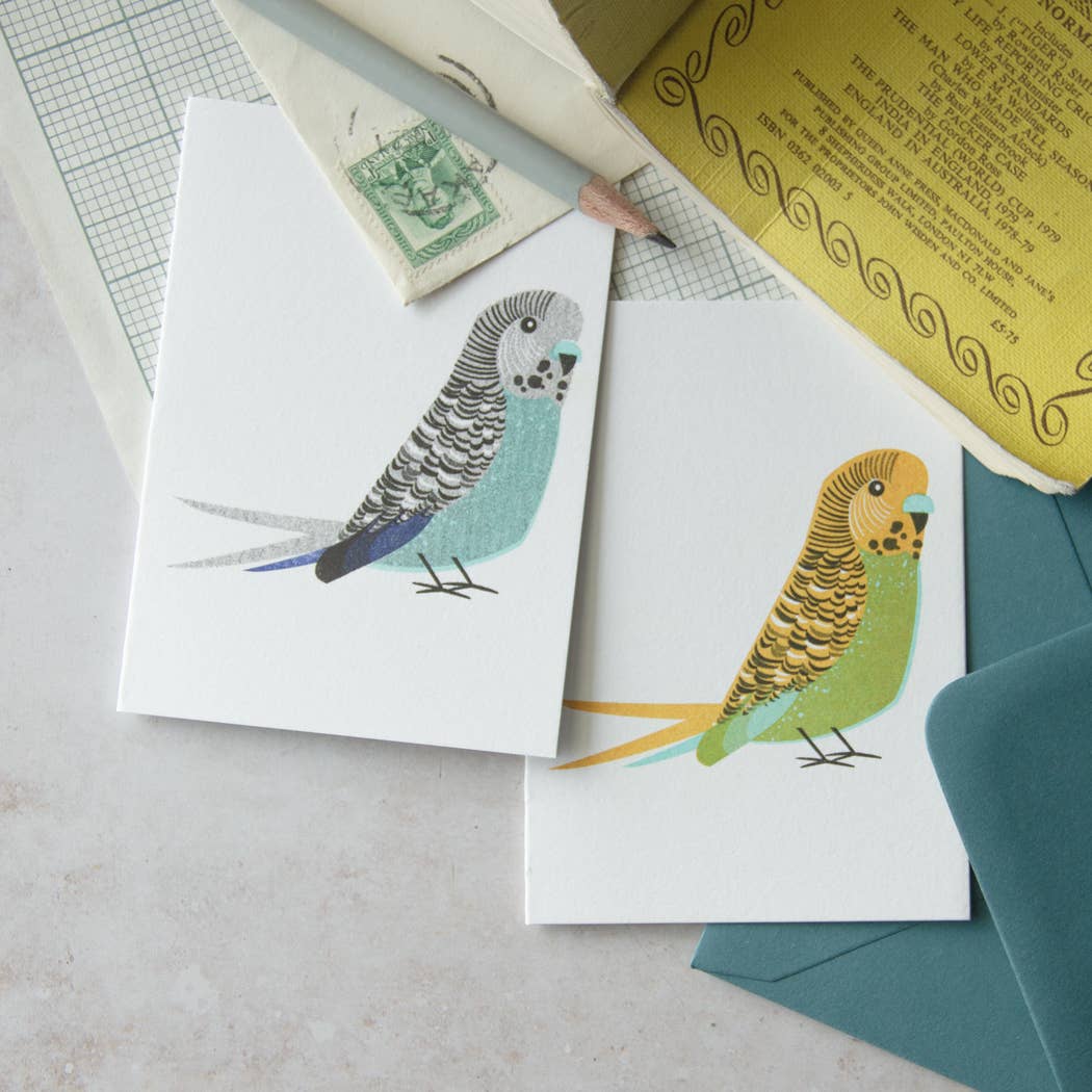 Quirky Funny Illustrated Blue Budgie Birthday Mini Card: Blue