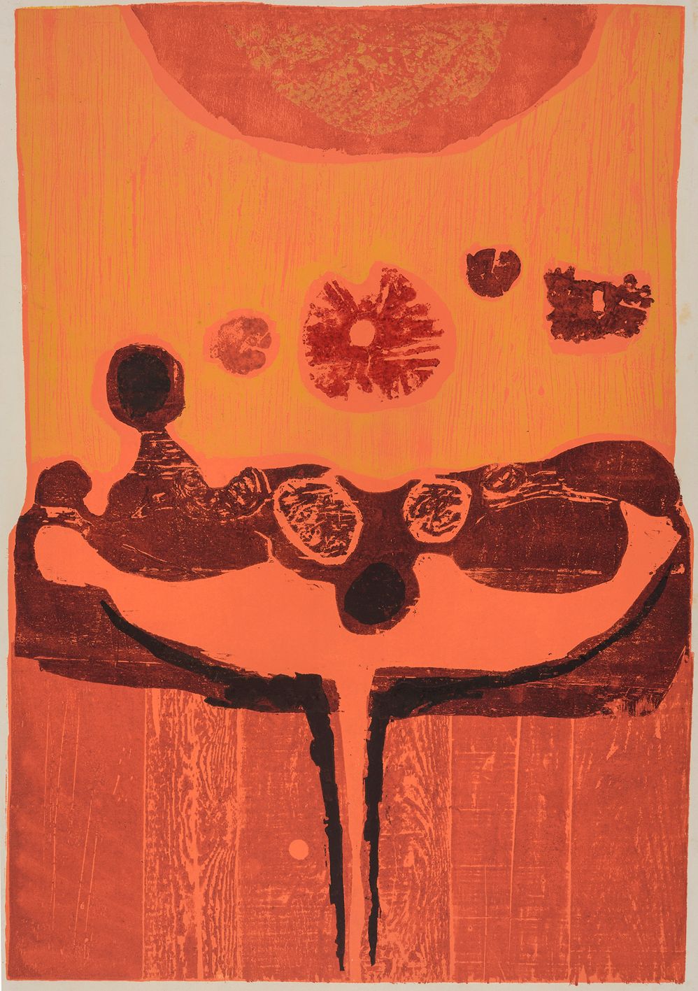 Abstract artwork with brown shapes on an orange background