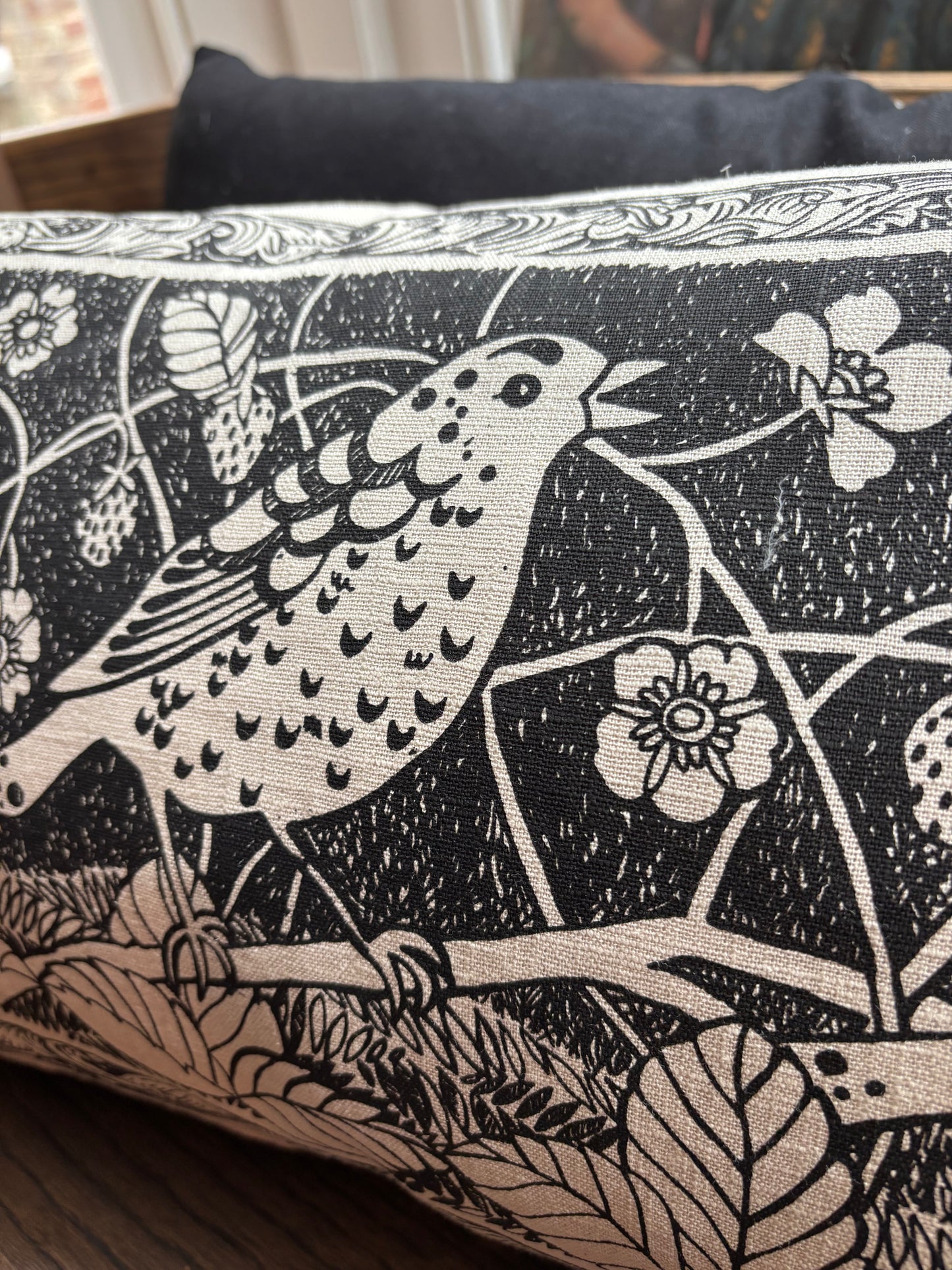 Jill Pargeter Strawberry Thief Rectangular Linen Cushion