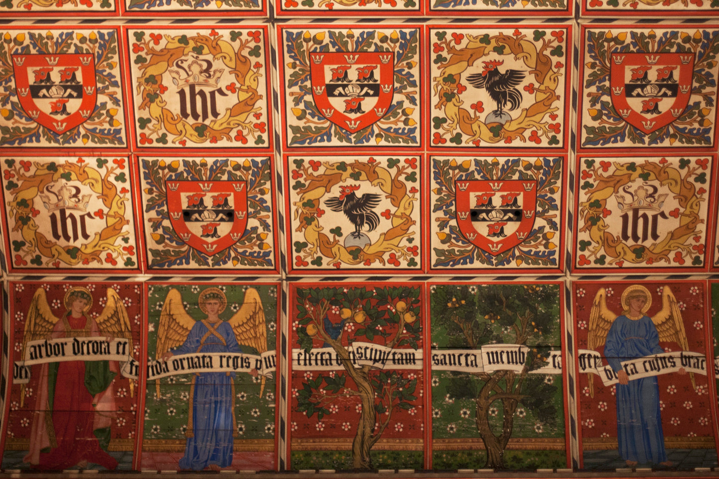 Decorative ceiling with intricate patterns and symbols