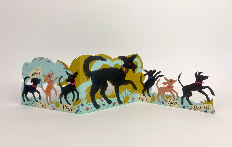 Puppy Parade pop- up greetings card by Mark Hearld