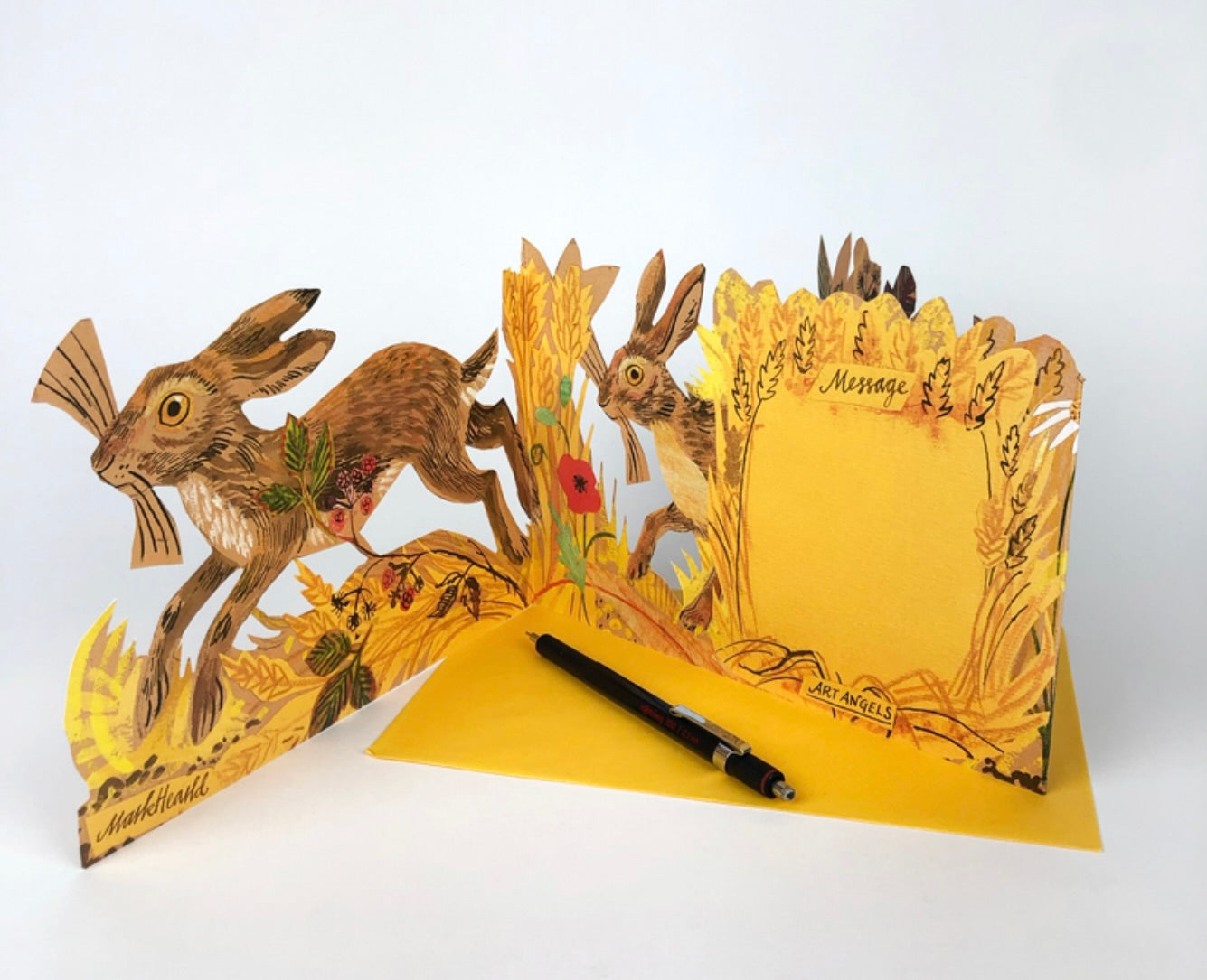 Hares pop-up greetings card by Mark Hearld