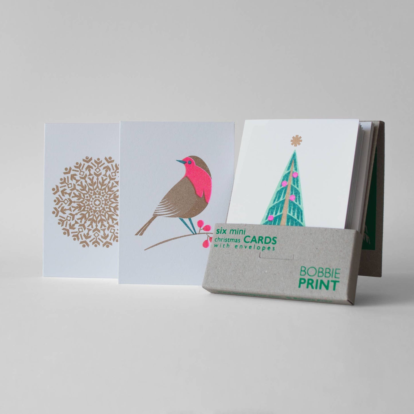 Boxed Set of 6 Mini Risograph Printed Christmas Cards Green