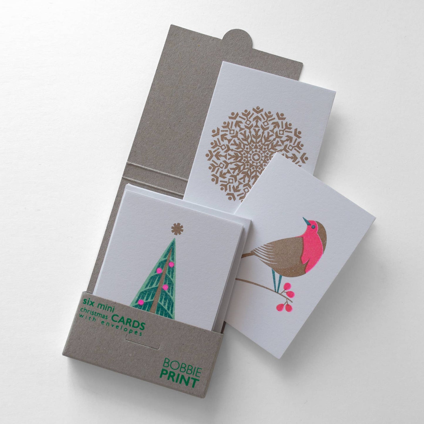 Boxed Set of 6 Mini Risograph Printed Christmas Cards Green
