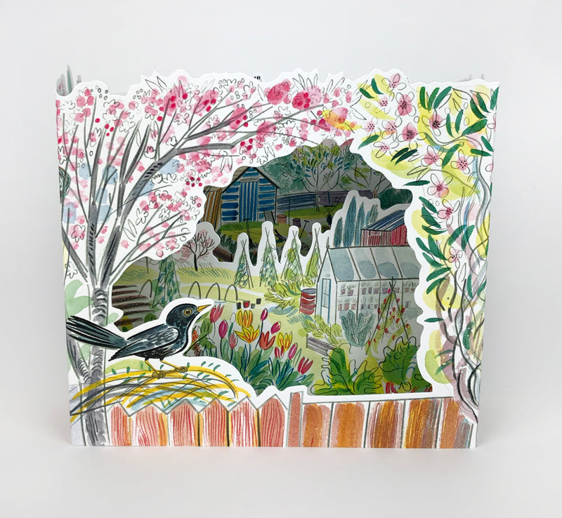 Blackbird Allotments pop-up greetings card