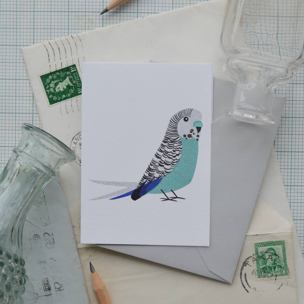 Quirky Funny Illustrated Blue Budgie Birthday Mini Card: Blue
