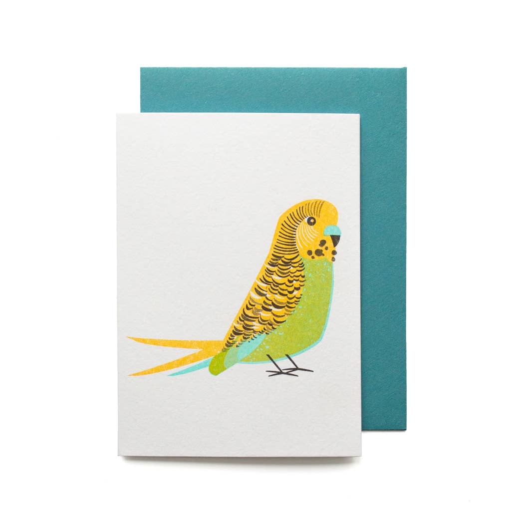 Quirky Funny Illustrated Blue Budgie Birthday Mini Card: Blue