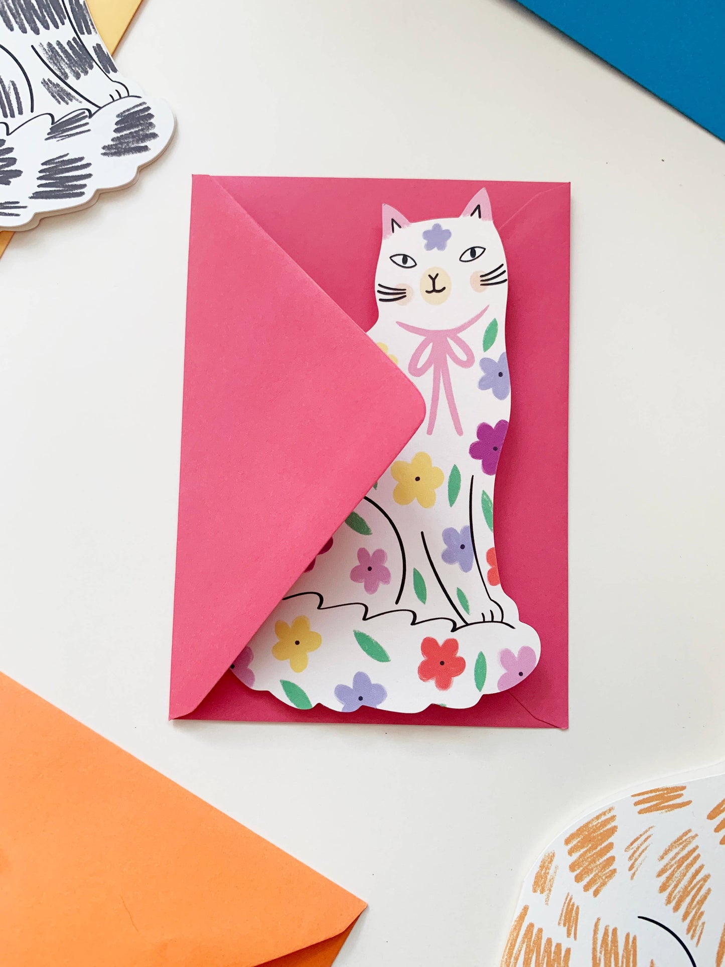 Sitting Kitty Floral Shaped Cat Greeting Card