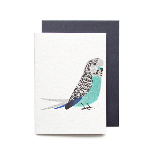 Quirky Funny Illustrated Blue Budgie Birthday Mini Card: Blue
