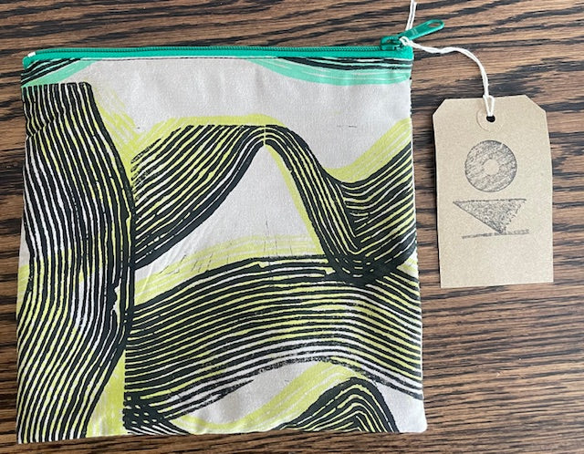 Block printed zip pouch by Kate Owens