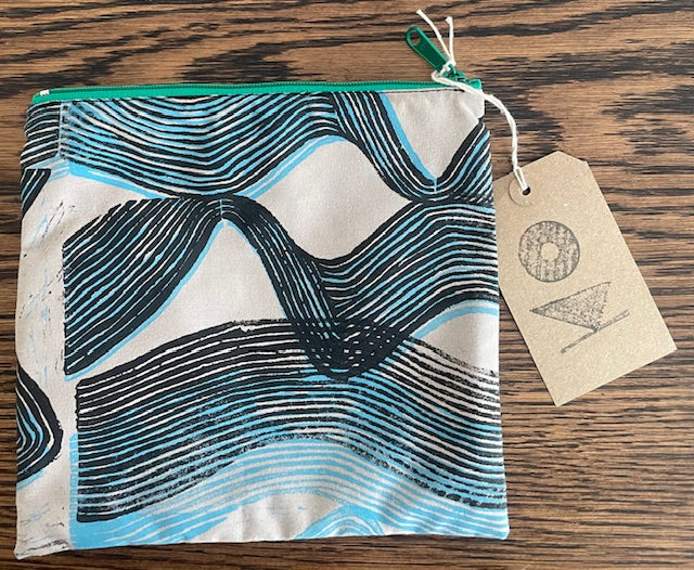 Block printed zip pouch by Kate Owens