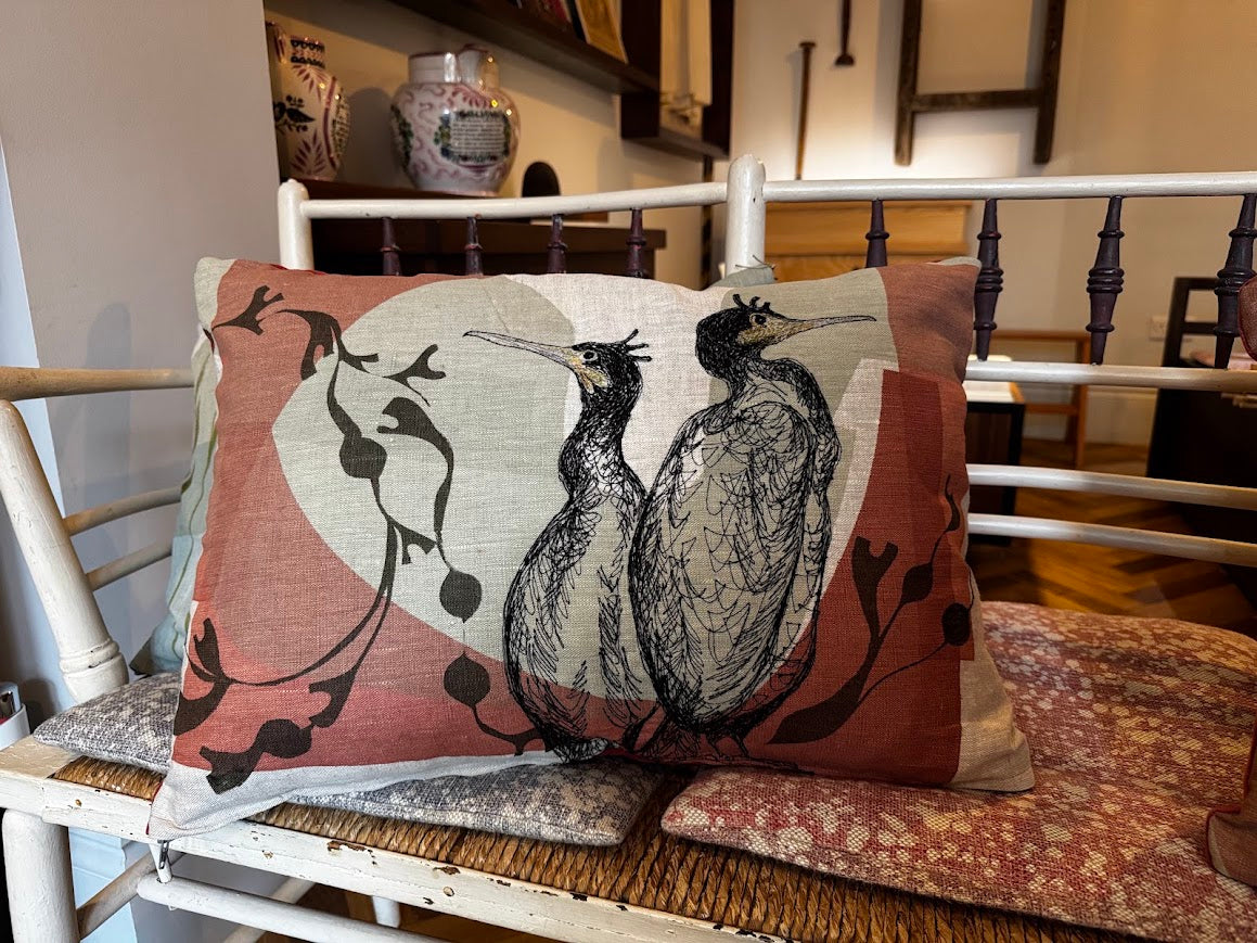 Cormorant Free-Machine Embroidered Cushion by The Speculating Rook