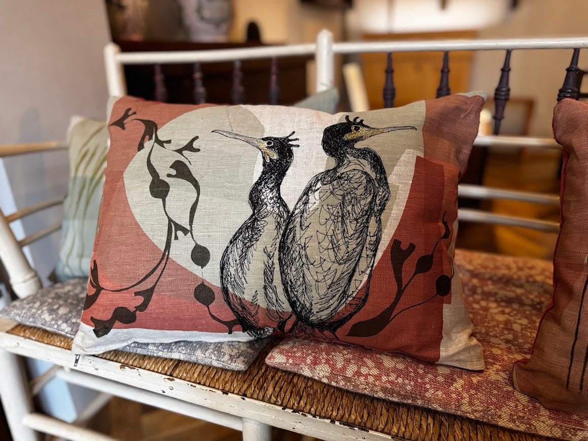 Cormorant Free-Machine Embroidered Cushion by The Speculating Rook