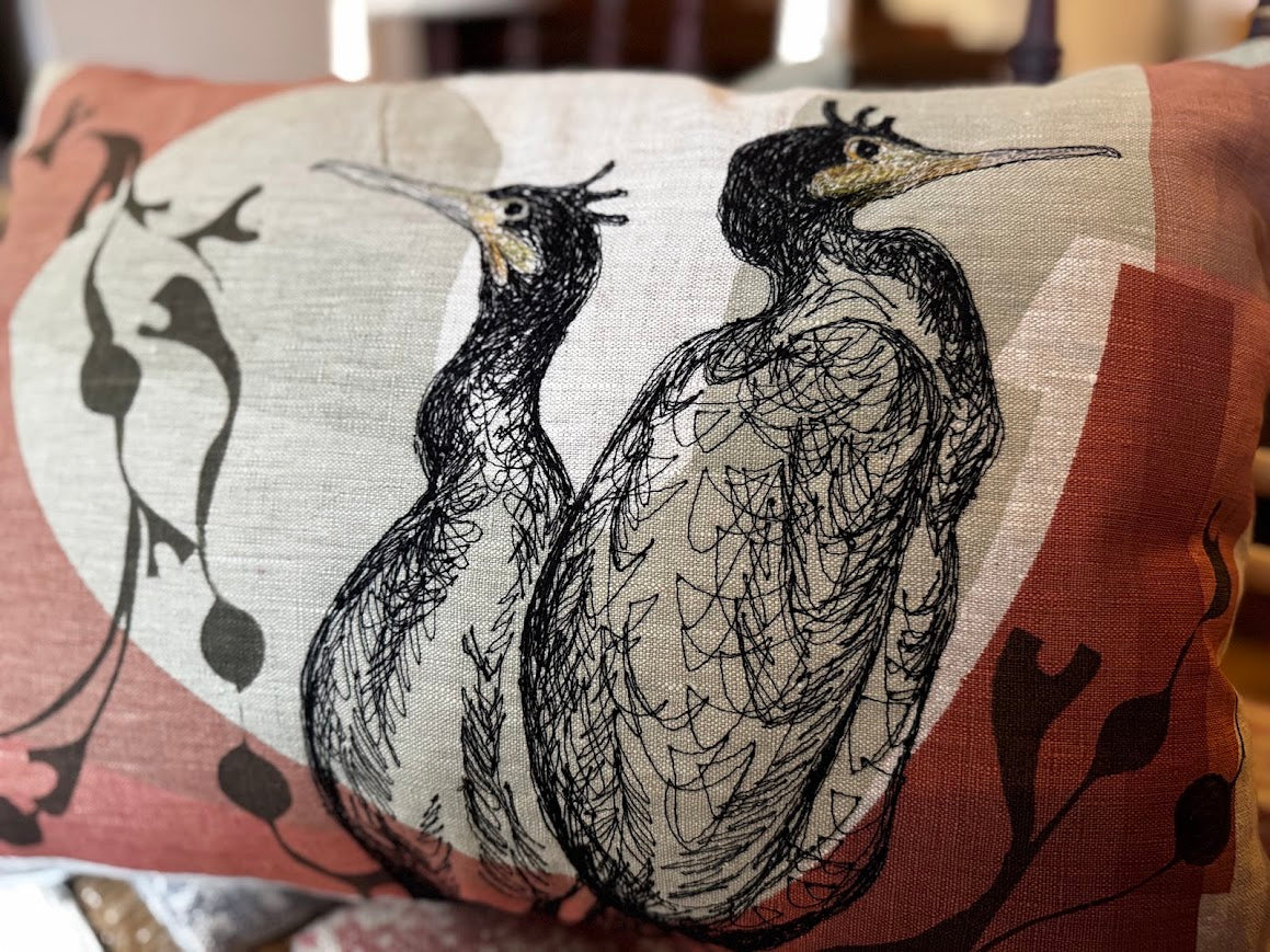 Cormorant Free-Machine Embroidered Cushion by The Speculating Rook