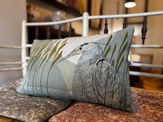 Heron Free-Machine Embroidered Cushion by The Speculating Rook
