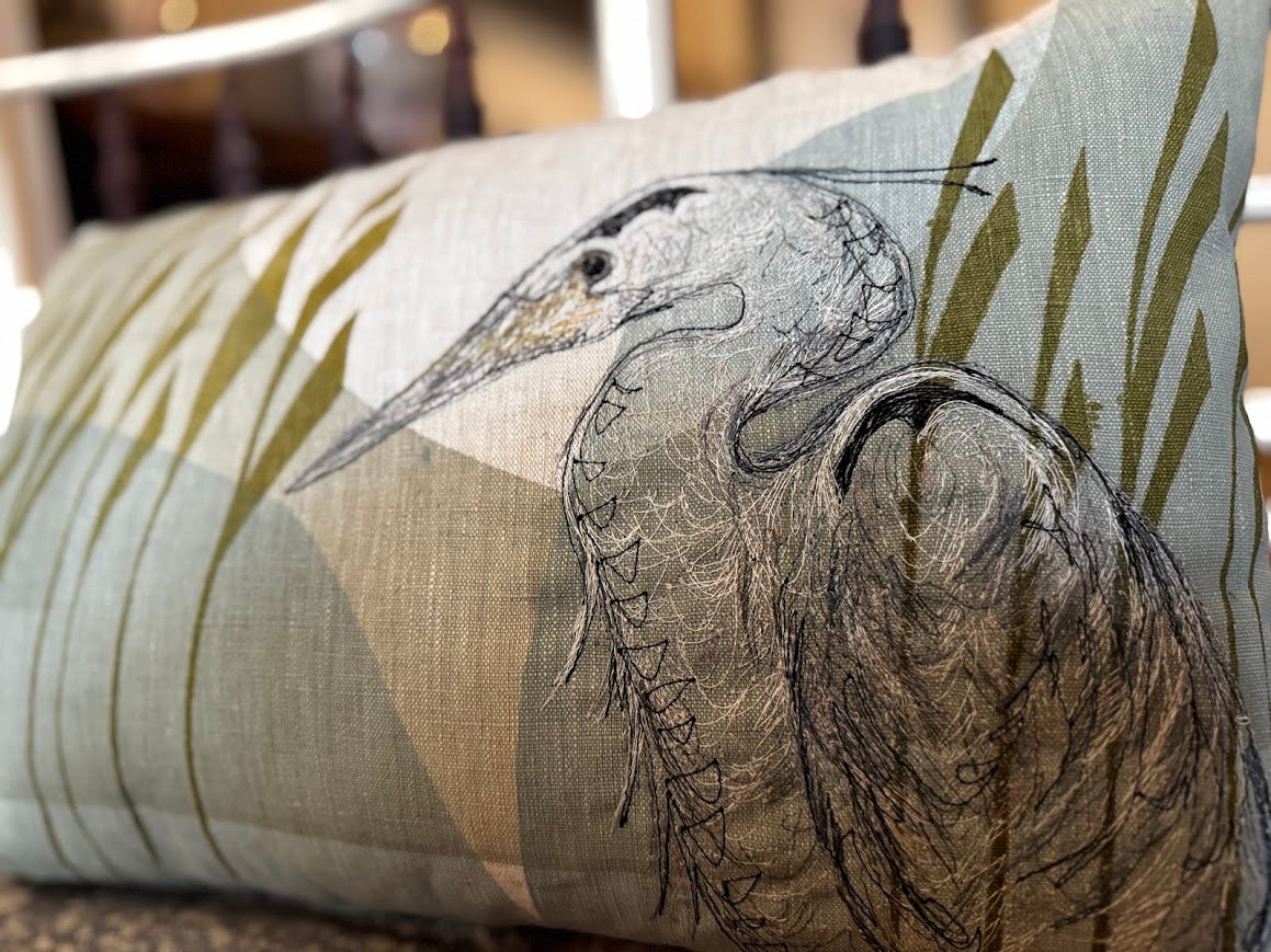 Heron Free-Machine Embroidered Cushion by The Speculating Rook