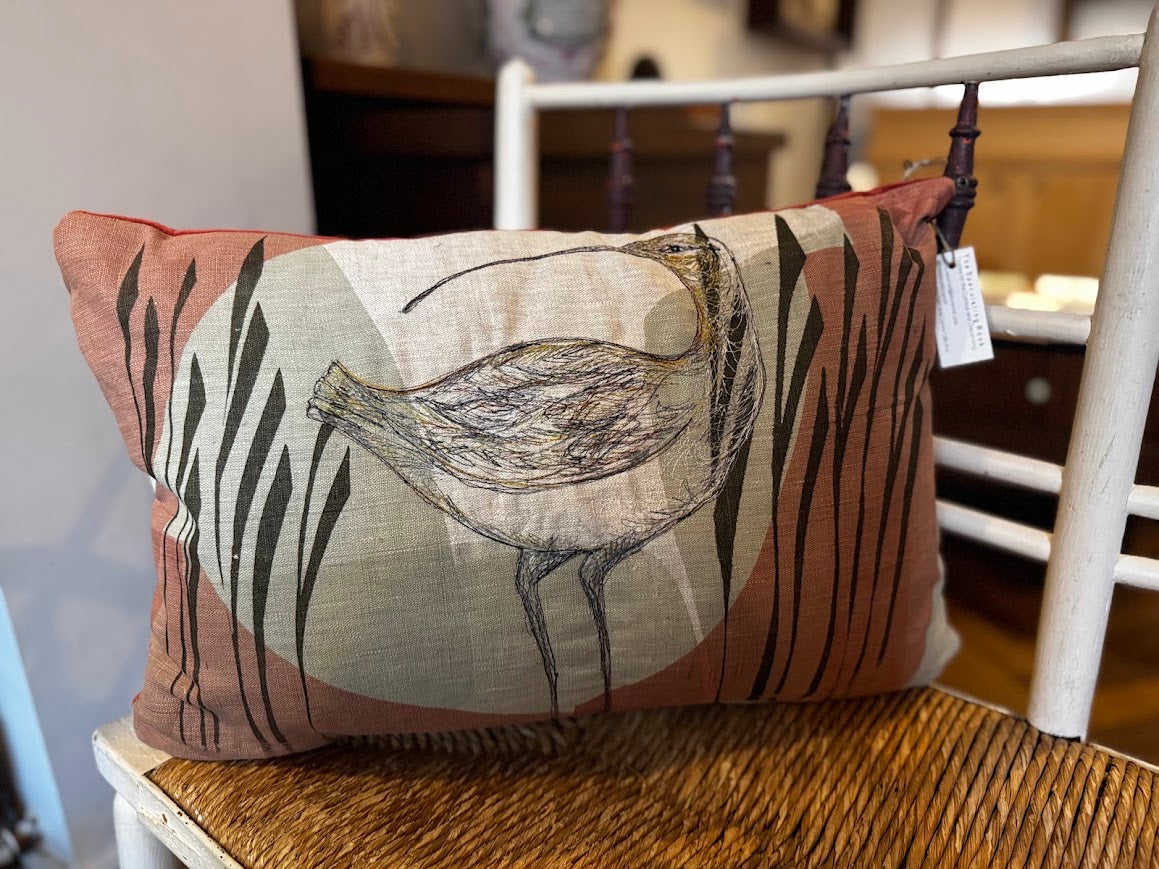 Curlew Free-Machine Embroidered Cushion by The Speculating Rook