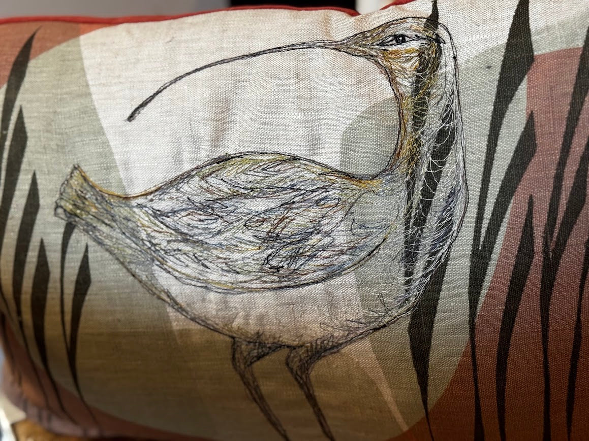 Curlew Free-Machine Embroidered Cushion by The Speculating Rook