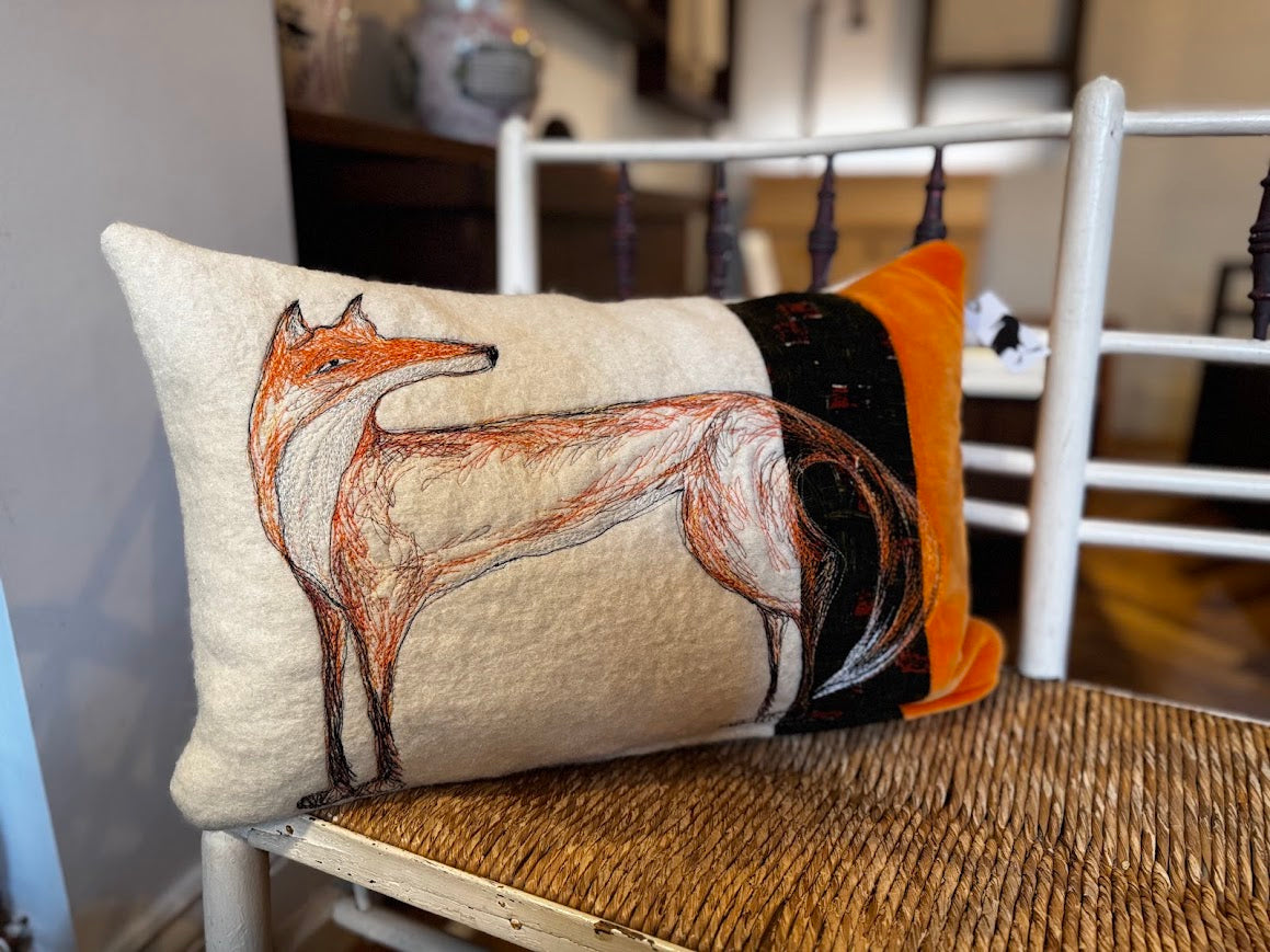 Fox Free-Machine Embroidered Cushion by The Speculating Rook