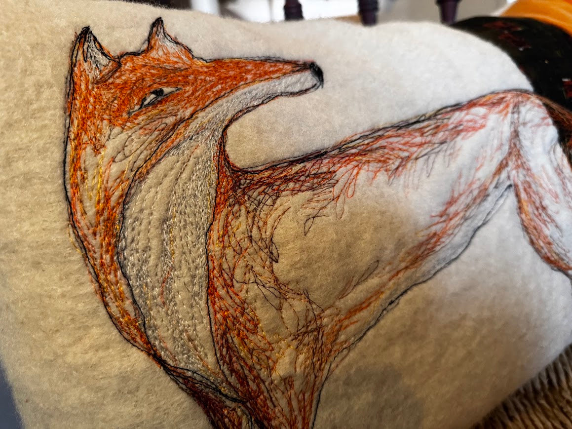 Fox Free-Machine Embroidered Cushion by The Speculating Rook