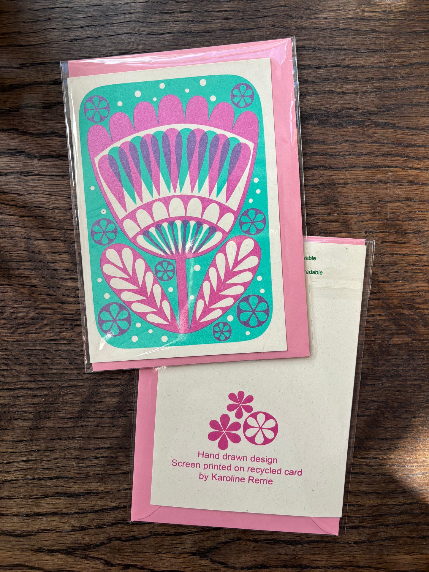 Karoline Rerrie Screen Printed Card Pink Flower