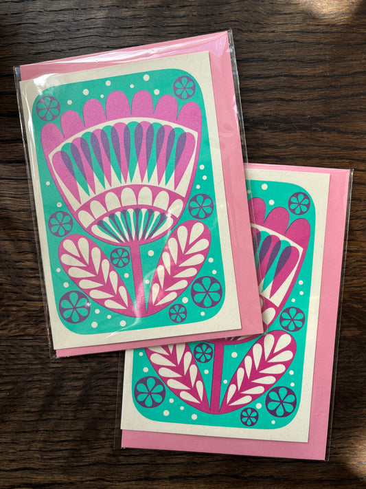 Karoline Rerrie Screen Printed Card Pink Flower