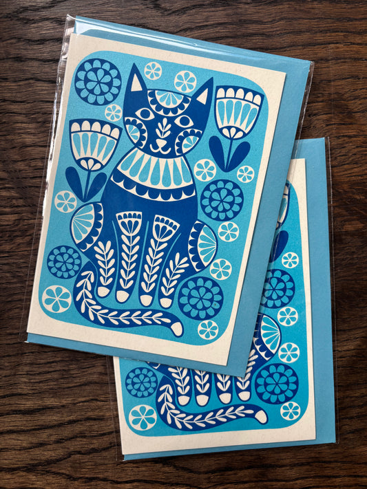 Karoline Rerrie Screen Printed Card Blue Cat