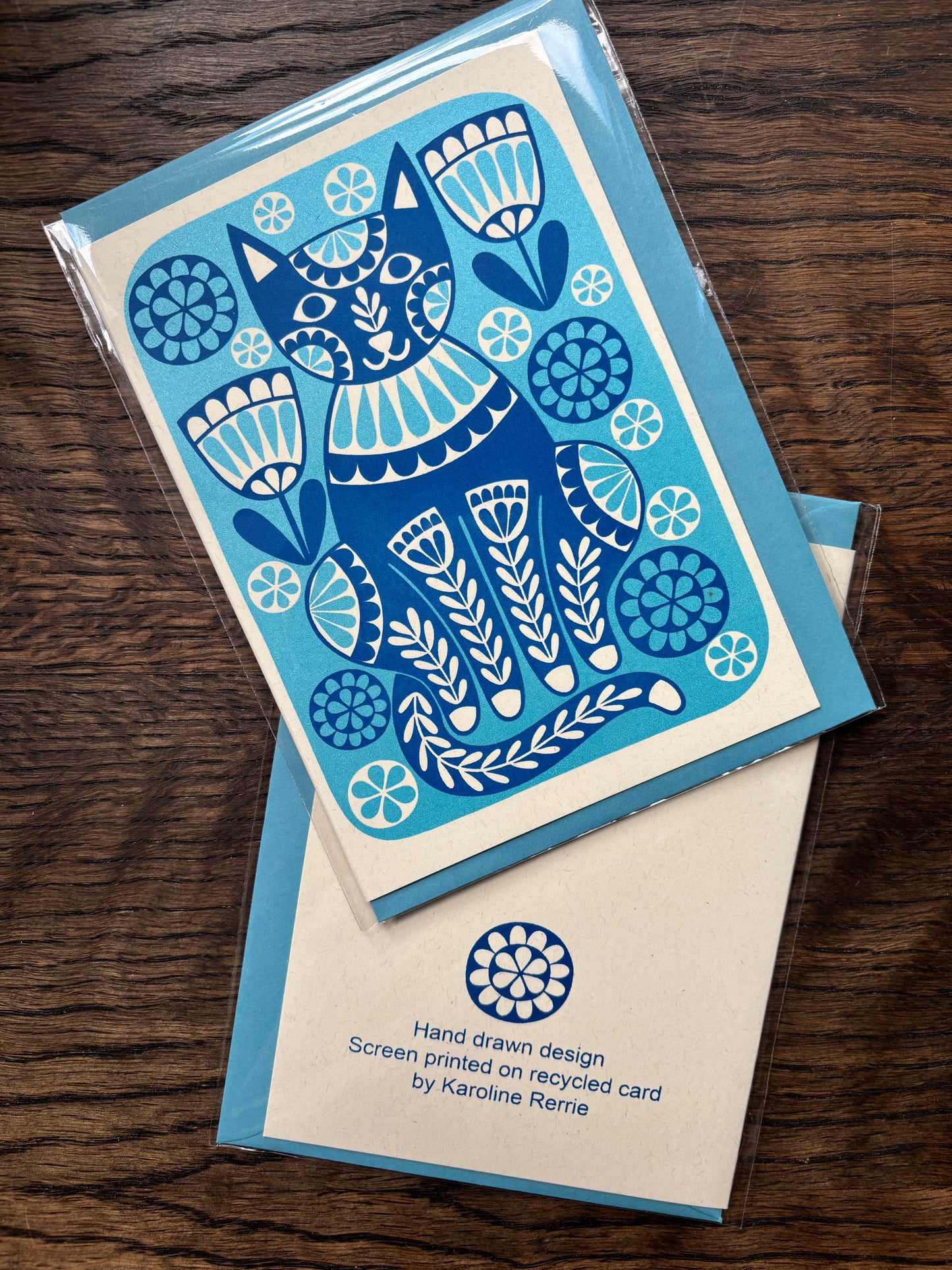 Karoline Rerrie Screen Printed Card Blue Cat