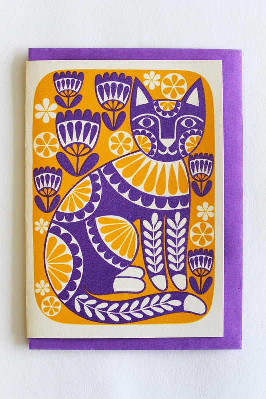 Karoline Rerrie Screen Printed Card Purple Cat