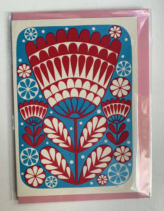 Karoline Rerrie Screen Printed Card Red Flower