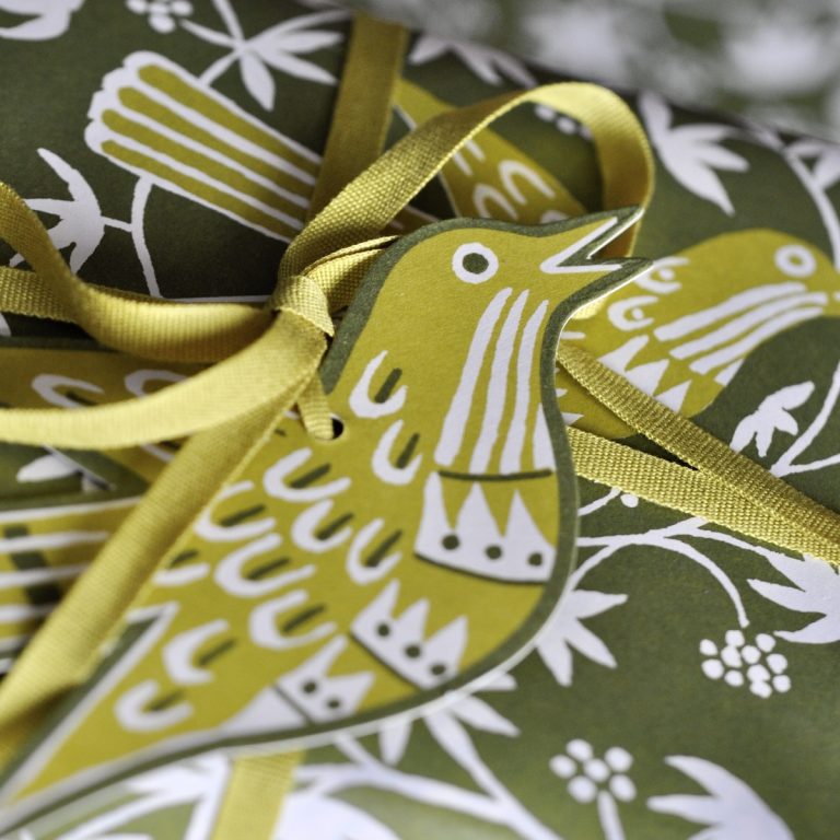 Five Fancy Songbird Gift Tags in Moss by Cambridge Imprint