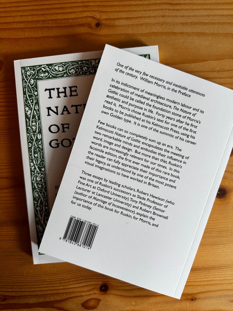The back cover of a book titled 'The Nature of Gothic' is shown resting on top of another book on a wooden surface. The white cover features black text and a barcode, with a green decorative border visible on the book underneath.