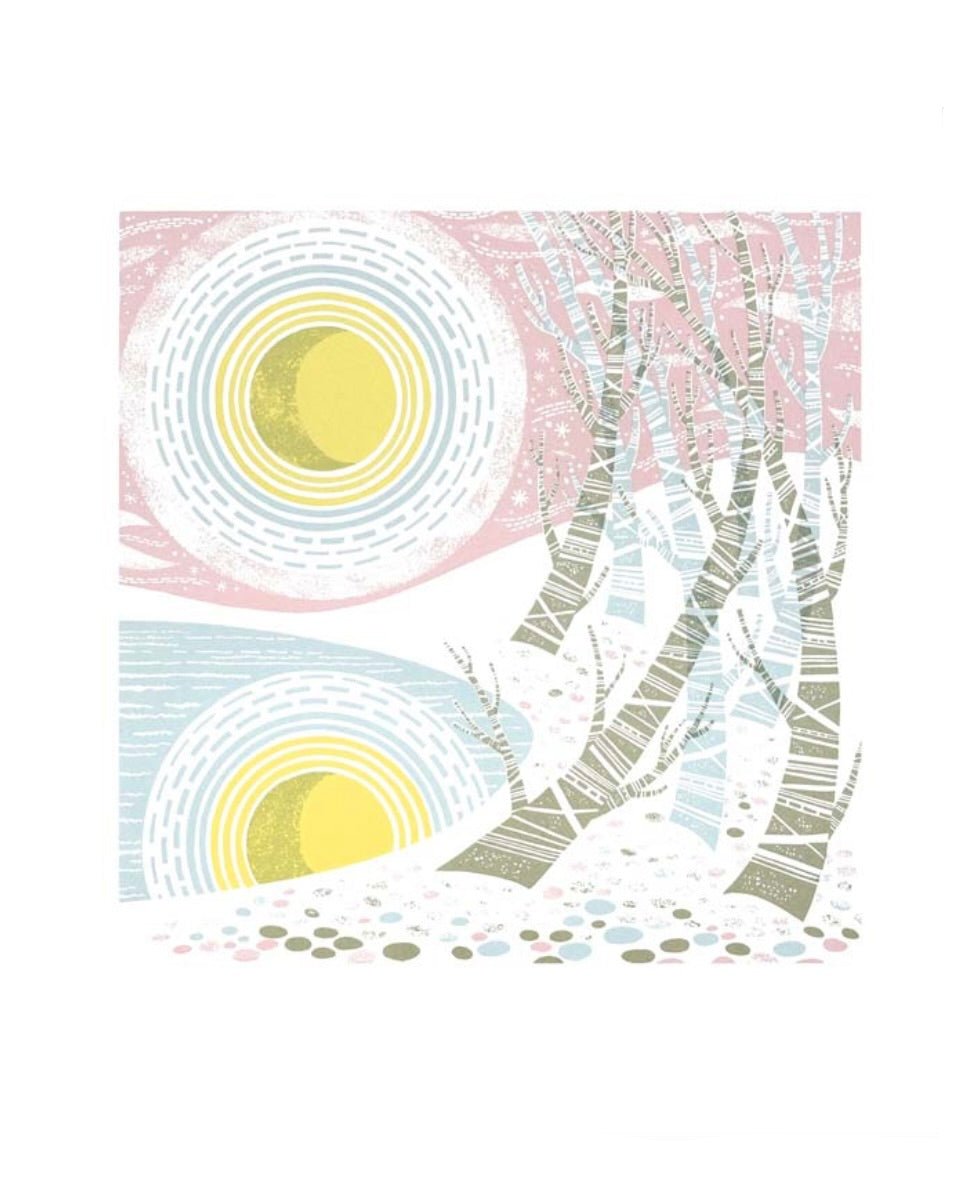 ’The Moon and Trees by Angie Lewin winter card with collage and pastel colours