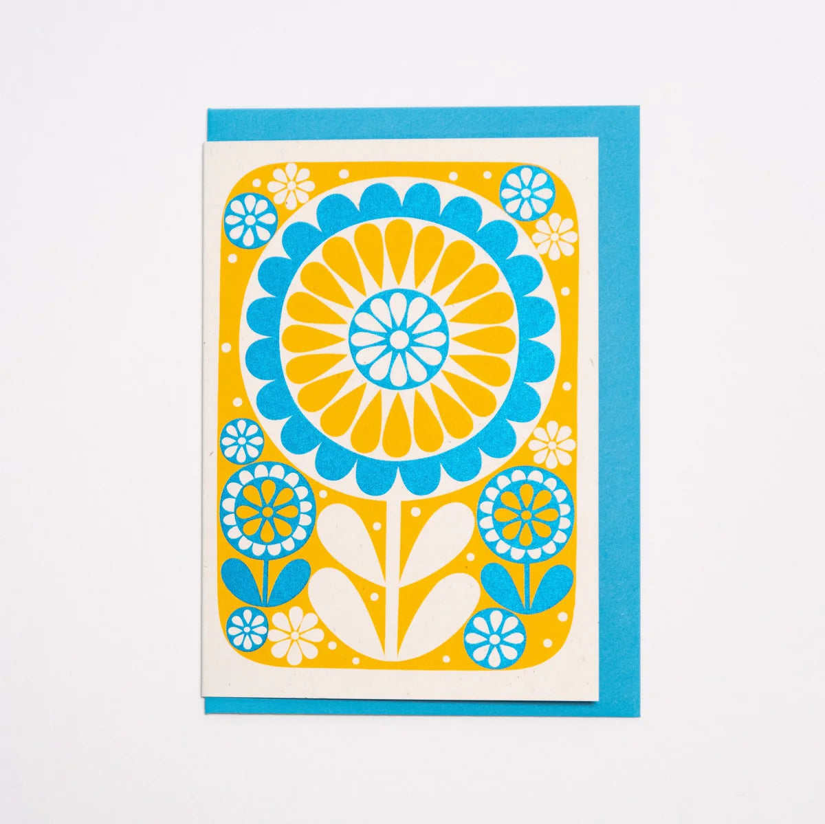 Karoline Rerrie Screen Printed Card Blue Yellow Flowers