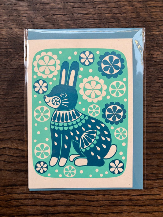 Karoline Rerrie Blue Rabbit Screen Printed Card