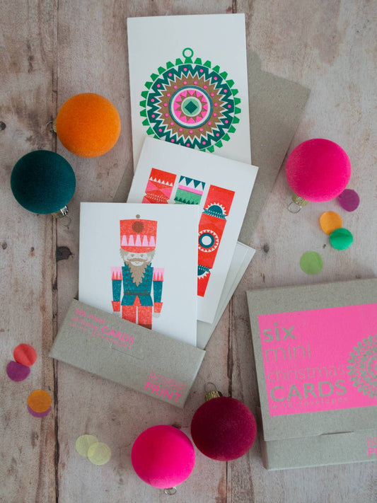 6 Mini Christmas Cards by Bobbie Print (Pink Set)