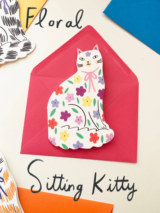 Sitting Kitty Floral Shaped Cat Greeting Card