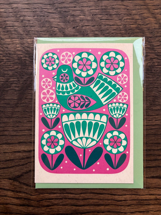 Karoline Rerrie Green Bird Screen Printed Card